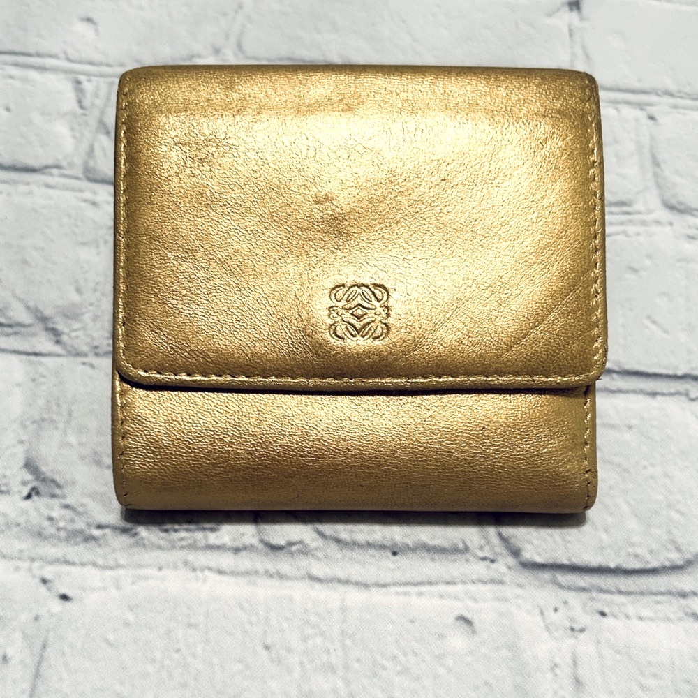 Loewe Gold Leather Compact Unisex Trifold Wallet Opens On Both Sides - EUC